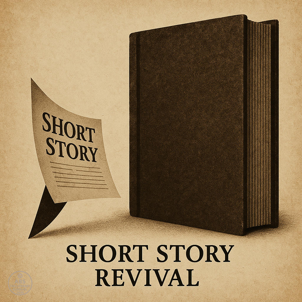 Contemporary Literature 2000–2012, A lone sheet of paper labeled “SHORT STORY” faces a towering, closed book, both set against a sepia-toned vintage background.