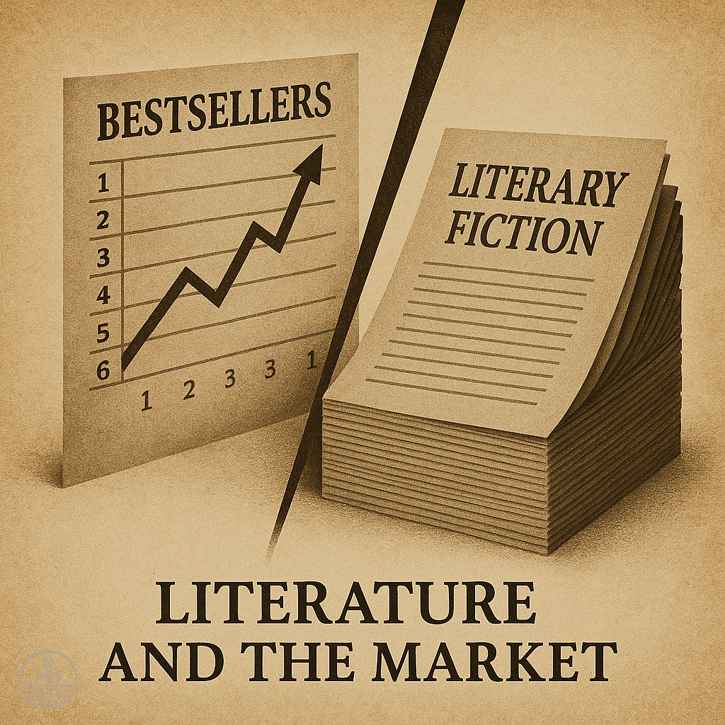 A bestseller chart with a rising arrow stands opposite a literary fiction manuscript stack, separated by a diagonal divide.
