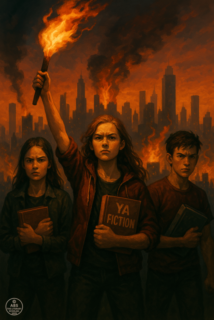 Three defiant teens clutch books against a backdrop of burning skyscrapers, with one holding a torch and another gripping a “YA FICTION” volume.