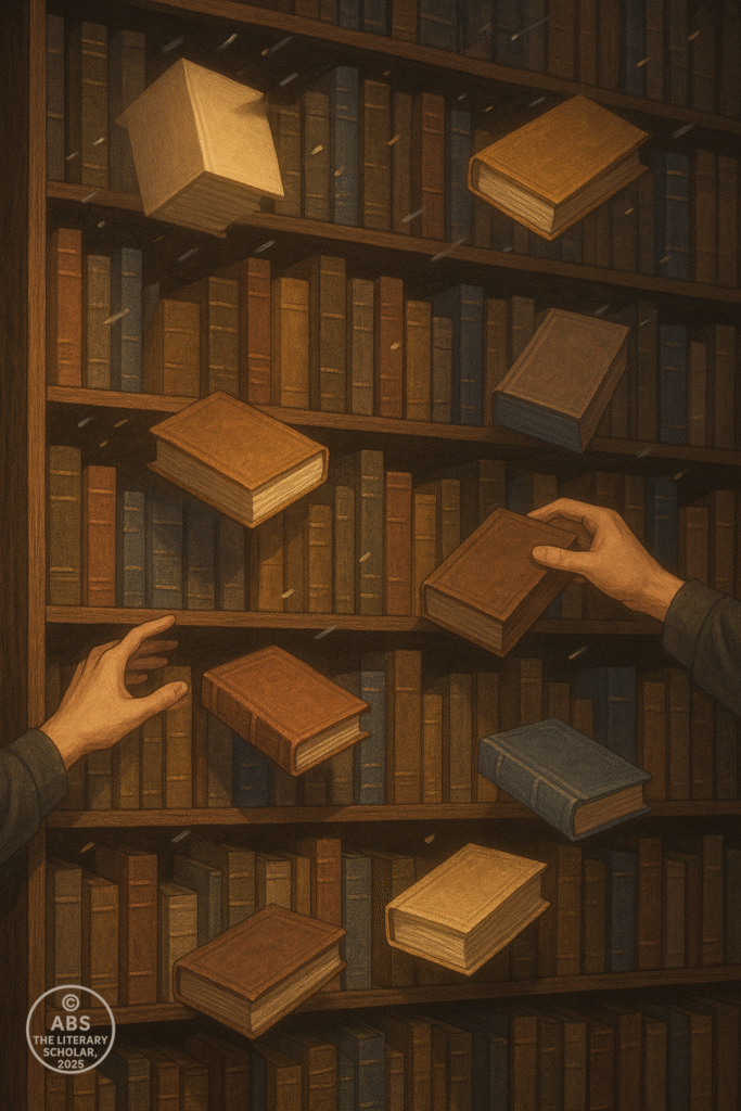 A large wooden bookshelf with floating books reshuffling themselves mid-air, surrounded by invisible hands and glowing author names like Morrison, Ferrante, and Knausgård.