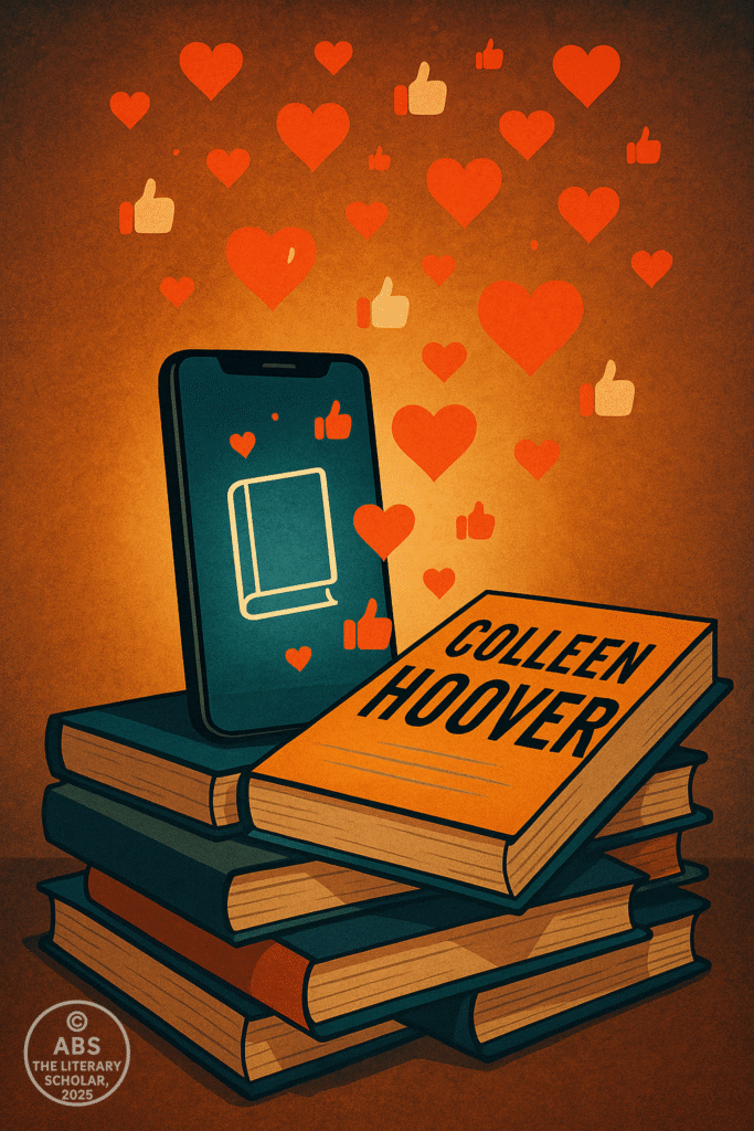 A glowing smartphone atop a pile of books shows a digital book icon, with red hearts and like symbols floating upward; Colleen Hoover’s name is visible on the topmost cover.