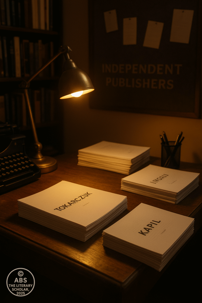 Contemporary Literature 2013–2025, A warmly lit indie publishing room with a modest wooden desk, scattered manuscripts labeled “Tokarczuk,” “Luiselli,” and “Kapil,” glowing softly under a desk lamp.