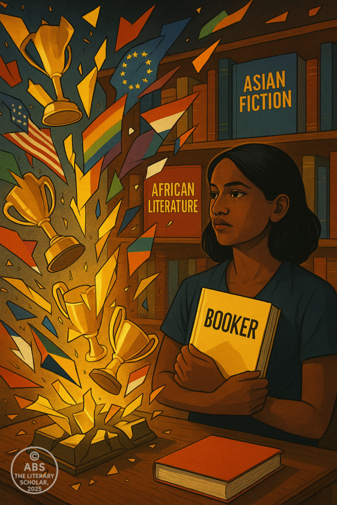 A woman of color stands holding a golden Booker Prize, surrounded by books in Arabic, Hindi, Yoruba, and Spanish; shattered trophies lie on the floor with fragments of national flags and colonial emblems.