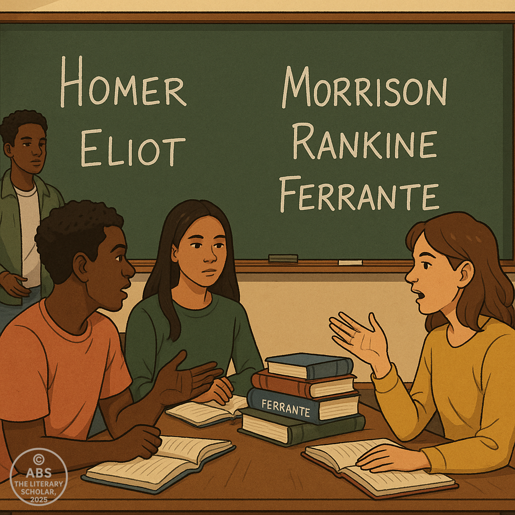 Contemporary Literature 2013–2025, A university classroom with four diverse students in discussion. Behind them, a chalkboard displays author names: Homer, Eliot, Morrison, Rankine, and Ferrante.