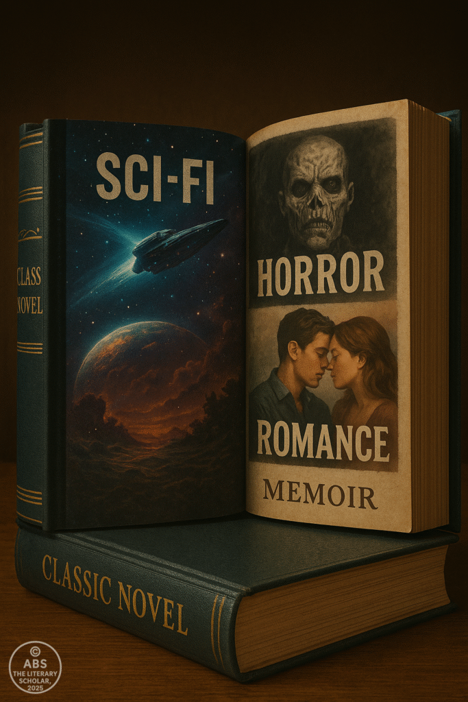 An open book with vivid sci-fi, horror, romance, and memoir themes blending into a traditional hardcover labeled "Classic Novel" on a wooden table.