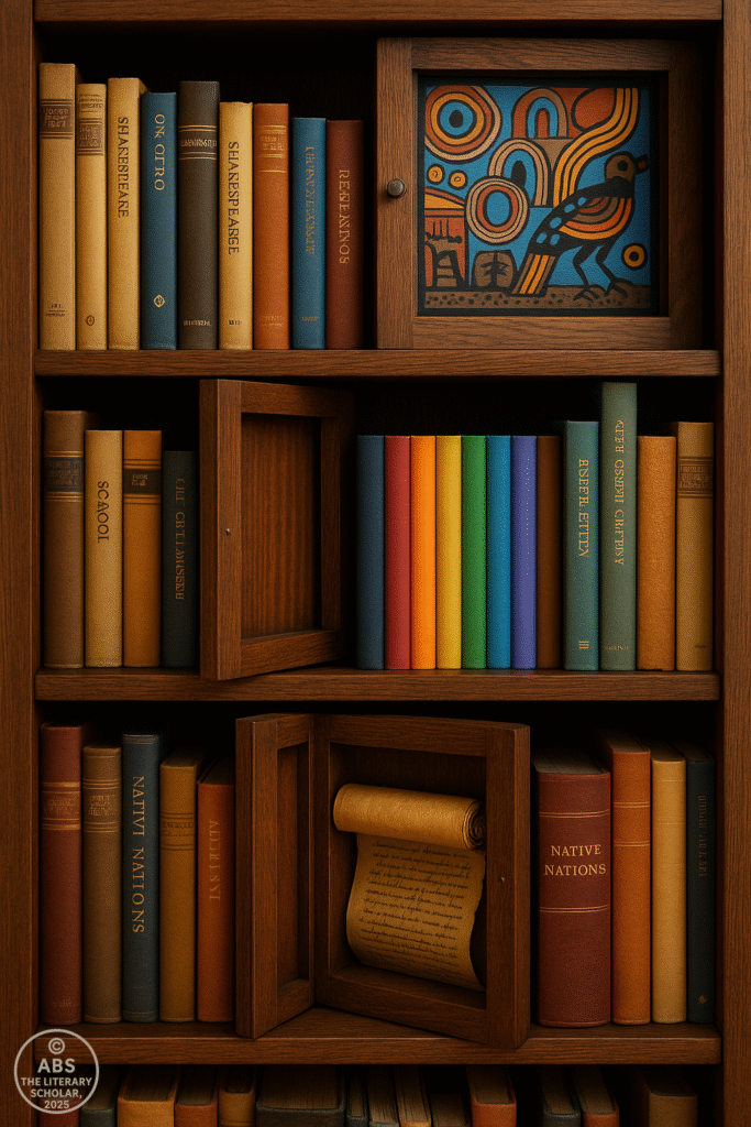 Contemporary Literature 2013–2025, A wooden bookshelf with hidden compartments revealing Indigenous artwork, rainbow-colored book spines, and ancient scrolls labeled with forgotten histories.