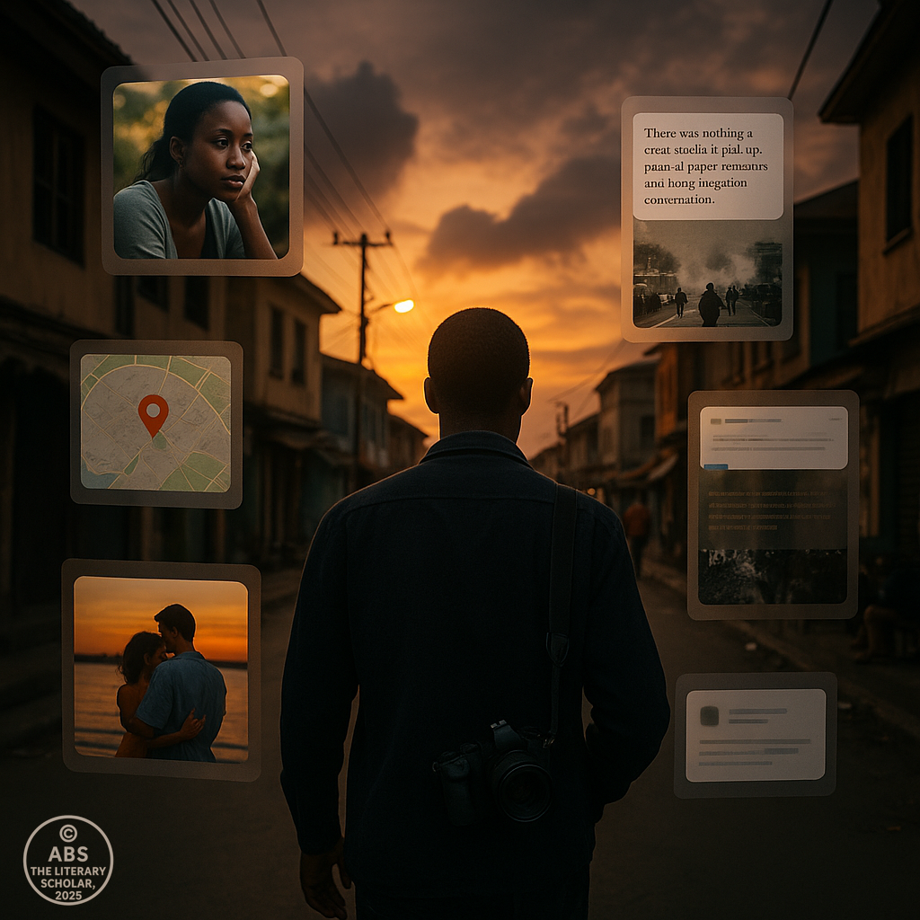 Contemporary Literature 2013–2025, A man with a camera walks through a Lagos street at sunset, surrounded by floating digital frames showing photographs, maps, quotes, and tweets.