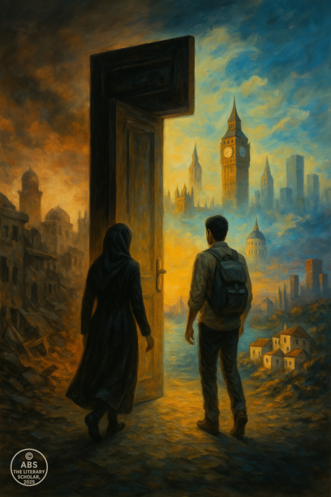 Two figures—Nadia and Saeed—step through a magical door from a war-torn Middle Eastern city into a surreal, merged dreamscape of London, Mykonos, and San Francisco.