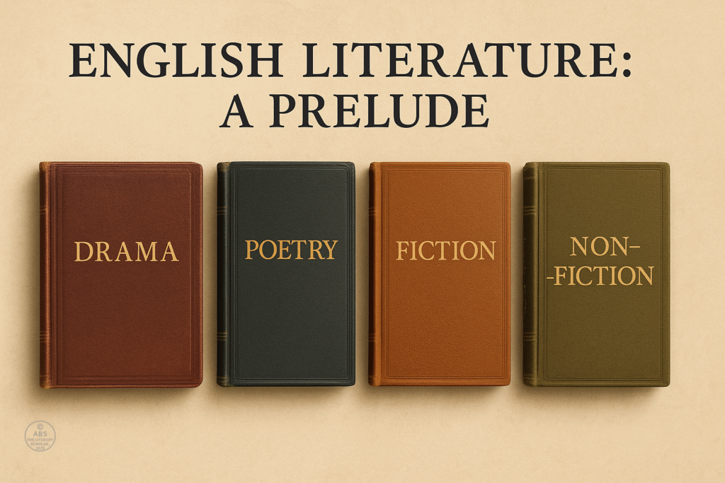 A scroll illustration showing four sections—drama, poetry, fiction, and non-fiction—depicting the evolution of English literature