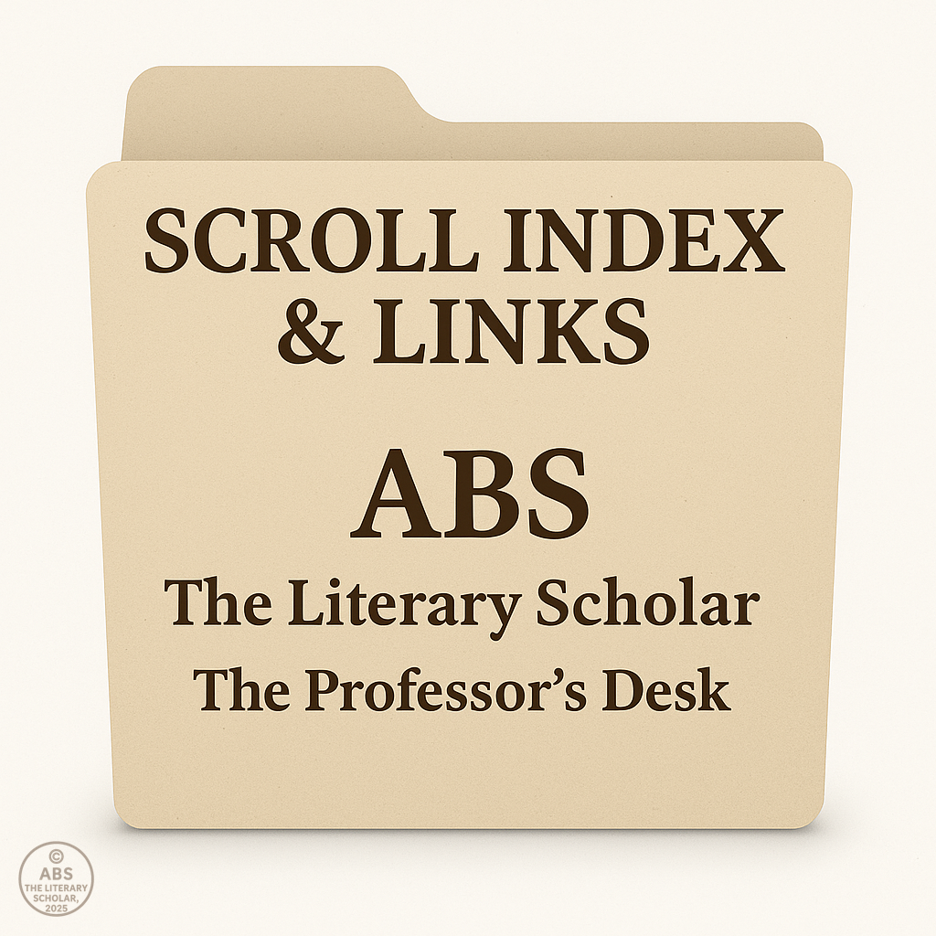 A beige folder icon labeled “Scroll, Index, and Links” with the signature of ABS, The Literary Scholar, and The Professor’s Desk