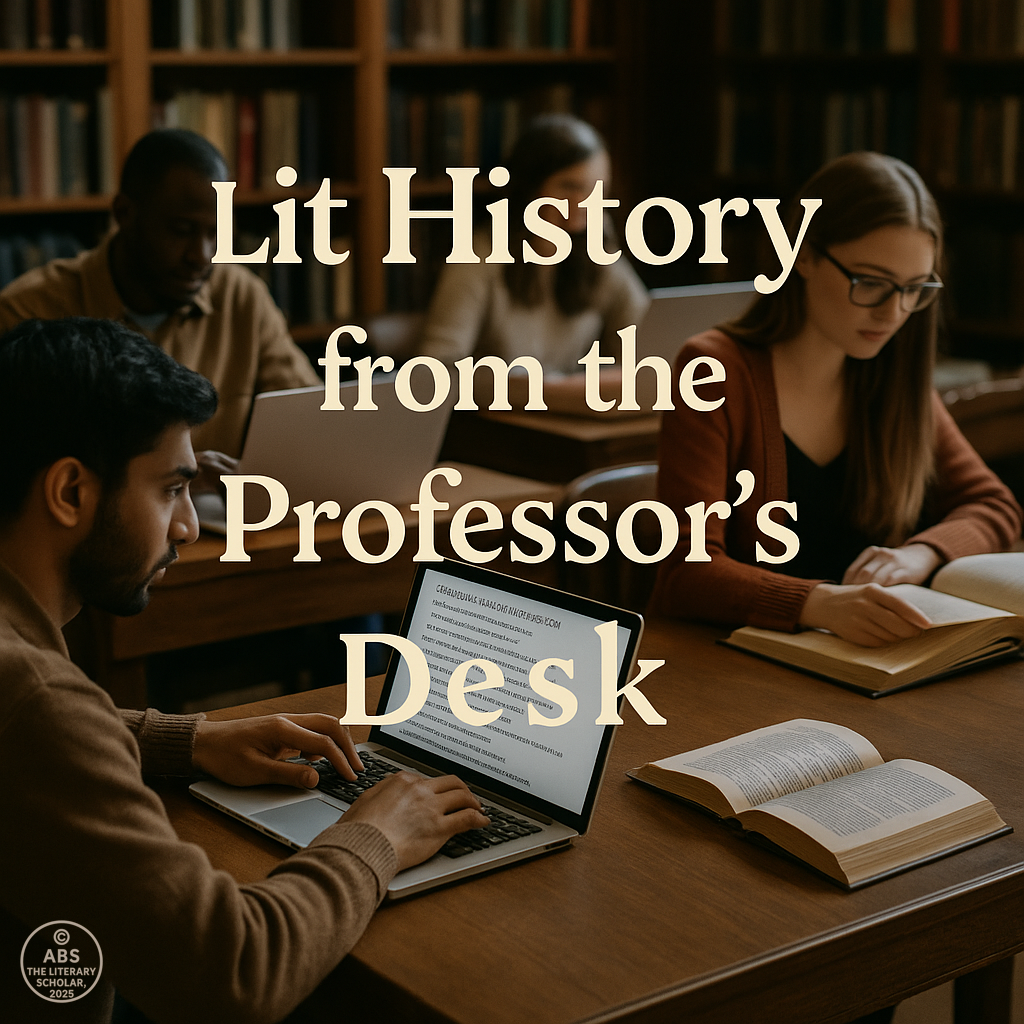Group of diverse university students studying the history of English literature in a quiet library, using laptops and open books