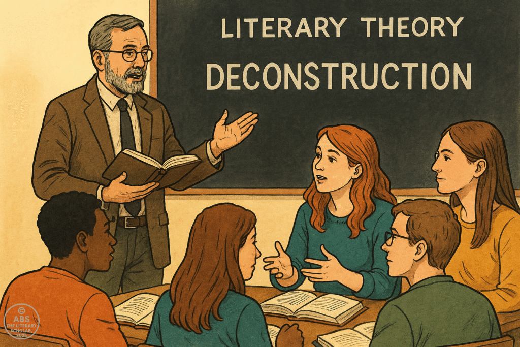 A college professor teaching deconstruction in literary theory to a diverse group of students, with the words “Literary Theory Deconstruction” written on the classroom blackboard.