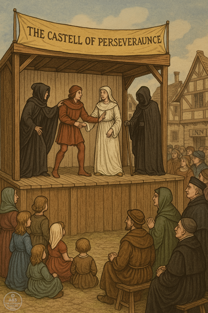 A medieval morality play being performed in a town square showing the early roots of drama in English literature