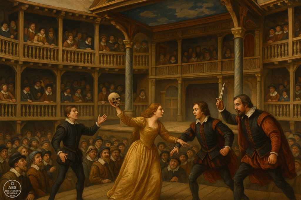 A Shakespearean play performed at the Globe Theatre showing the golden age of drama in English literature