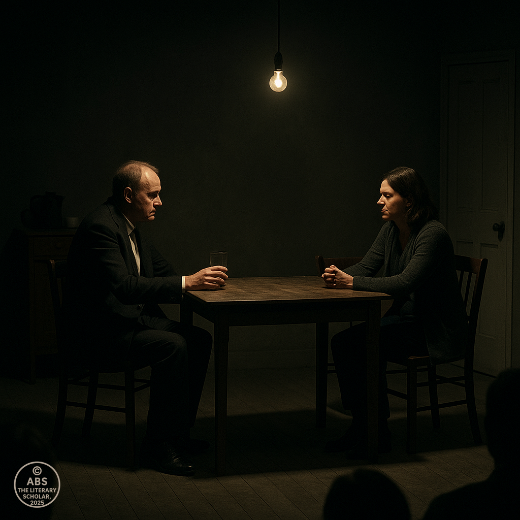 A tense Harold Pinter scene on a minimalist stage showing psychological conflict in drama in English literature