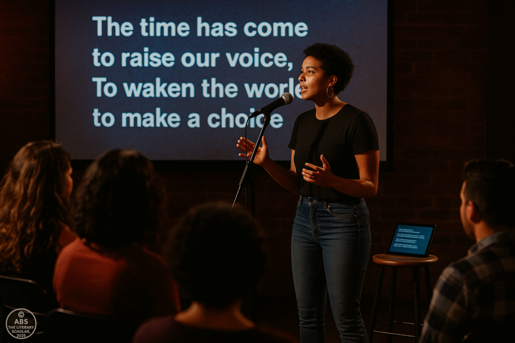 A modern poet performing at a poetry slam with a screen and mic highlighting contemporary poetry in English literature
