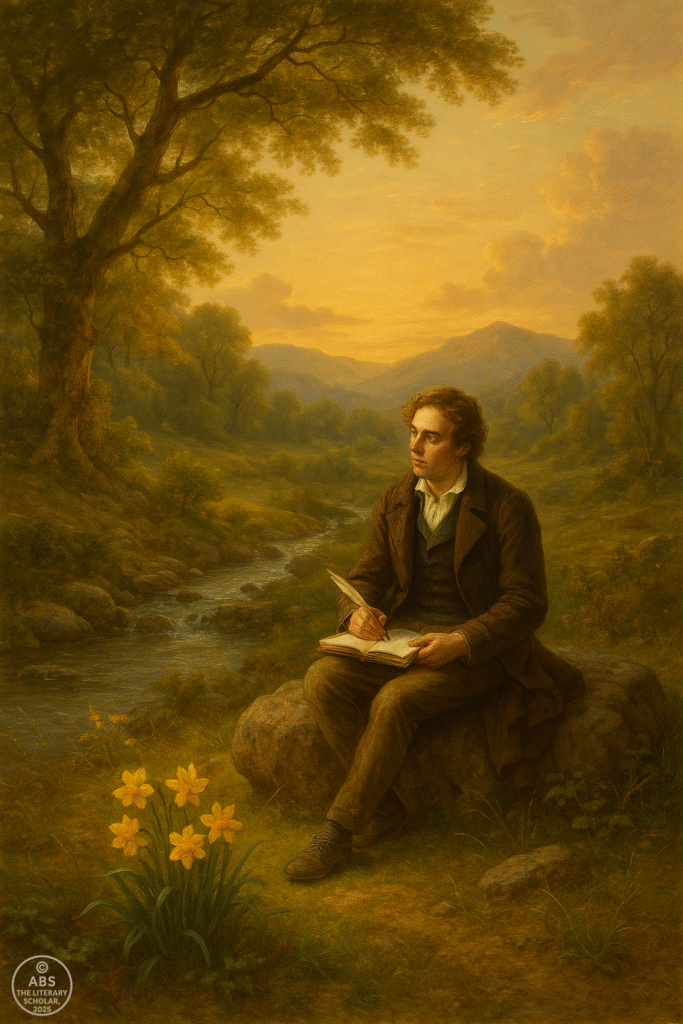A Romantic poet writing amidst nature’s beauty reflecting the emotional depth of poetry in English literature