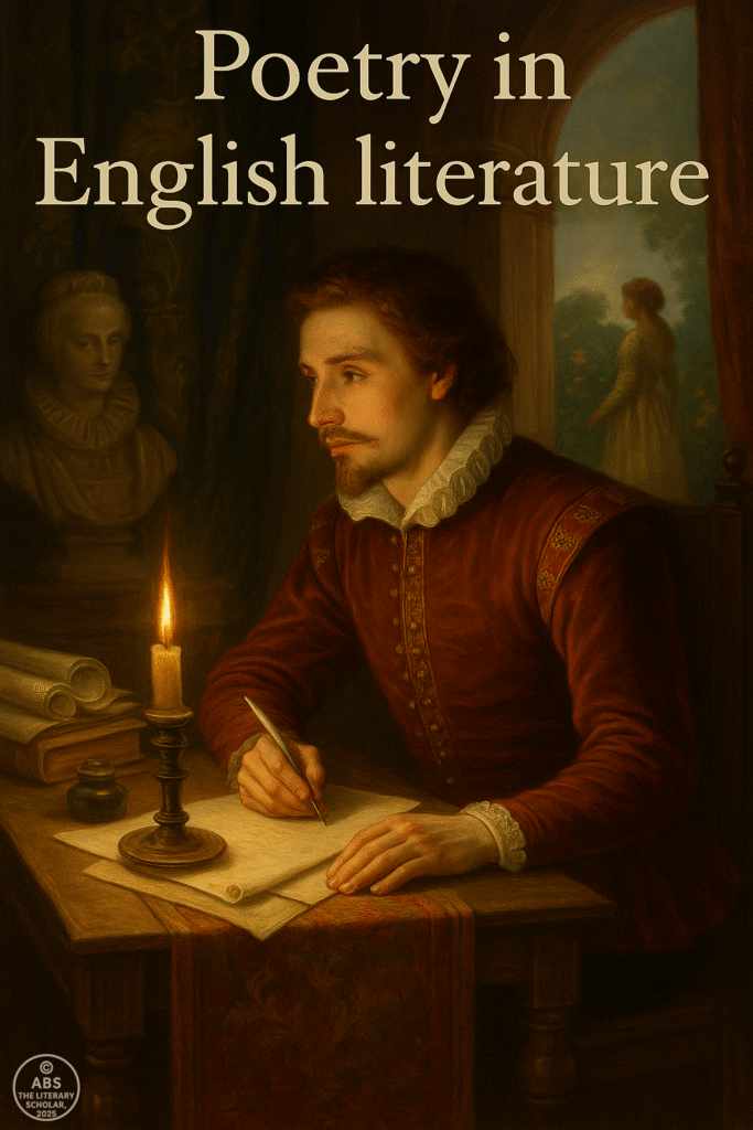 An Elizabethan poet writing sonnets by candlelight in a royal chamber reflecting poetry in English literature