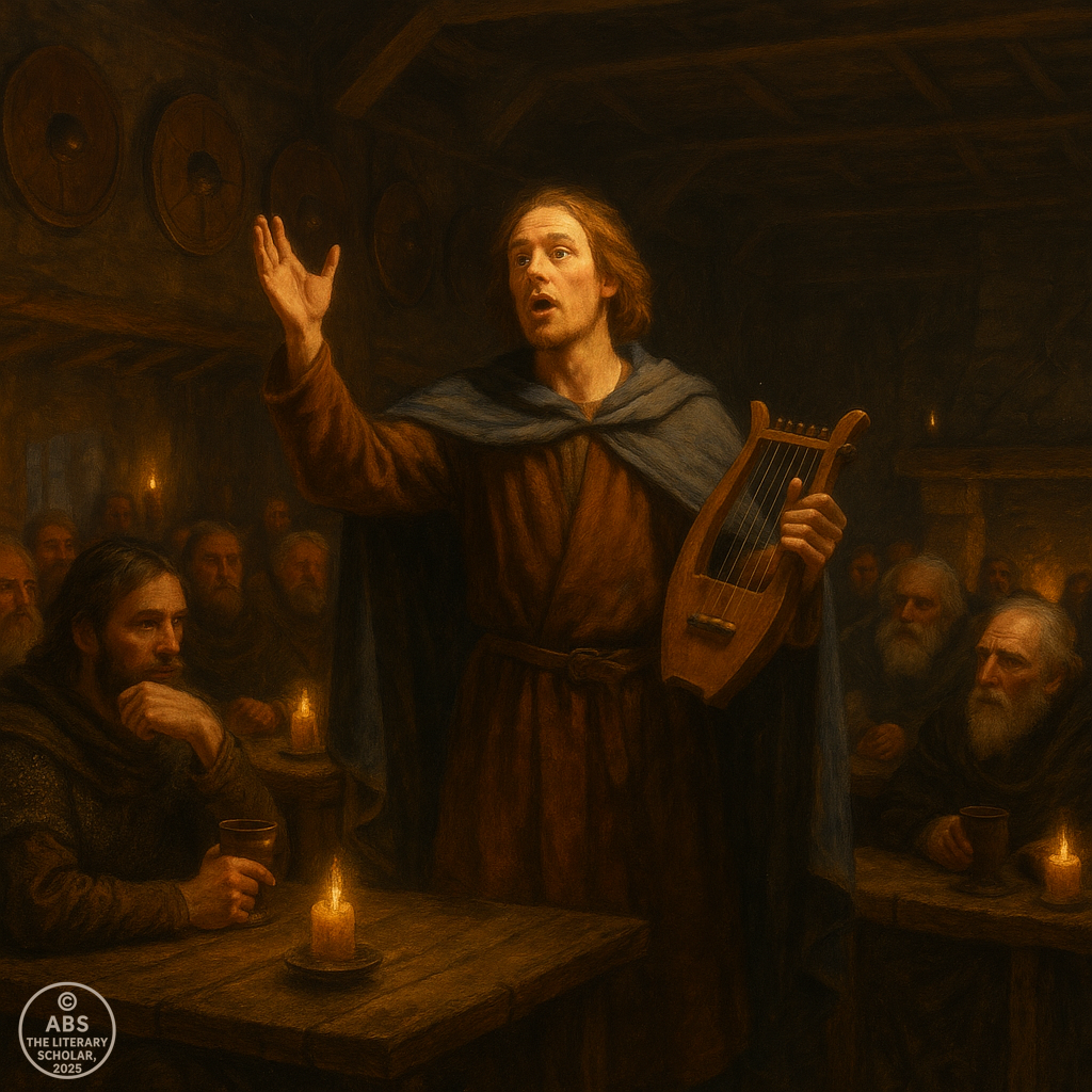 An Anglo-Saxon bard reciting verses in a mead hall marking the origins of poetry in English literature