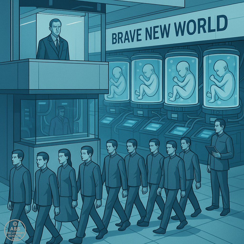 A futuristic dystopian society from Brave New World showing the impact of modern fiction in English literature