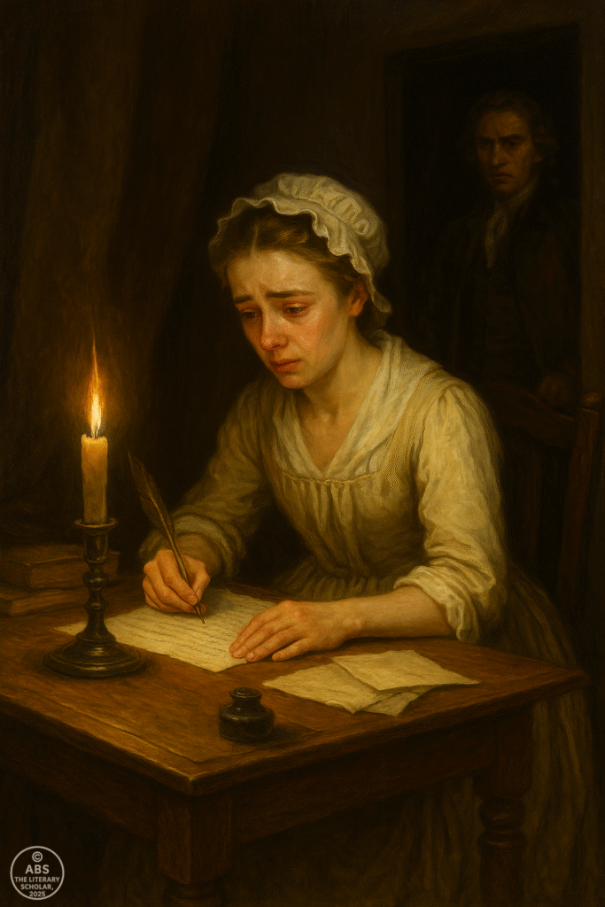 Pamela writing an emotional letter under candlelight depicting early domestic fiction in English literature