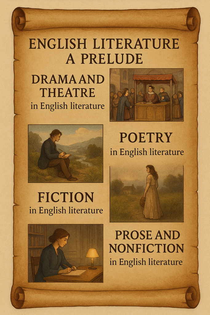A scroll illustration showing four sections—drama, poetry, fiction, and non-fiction—depicting the evolution of English literature