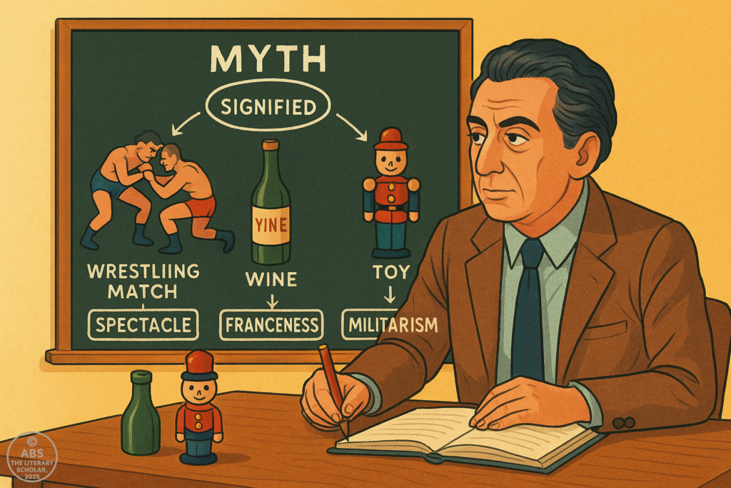 Illustration of Roland Barthes analyzing cultural objects like a wine bottle, a child’s toy, and a wrestling match, with labeled signs revealing hidden meanings—demonstrating structuralism in literature.