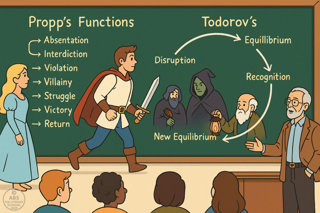 Illustration of a fairytale-like narrative arc with scenes resembling a children's fantasy film, visually representing story structure through stages like departure, conflict, and return—demonstrating structuralism in literature.