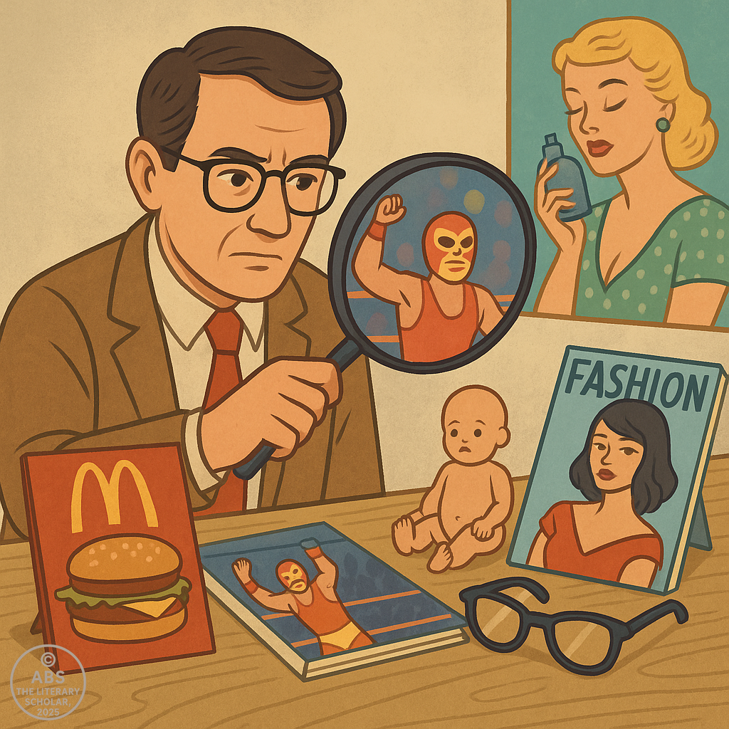 Illustration of a professor examining everyday cultural items—like advertisements, action figures, and fast-food logos—with students, interpreting them as signs and myths using structuralist theory.