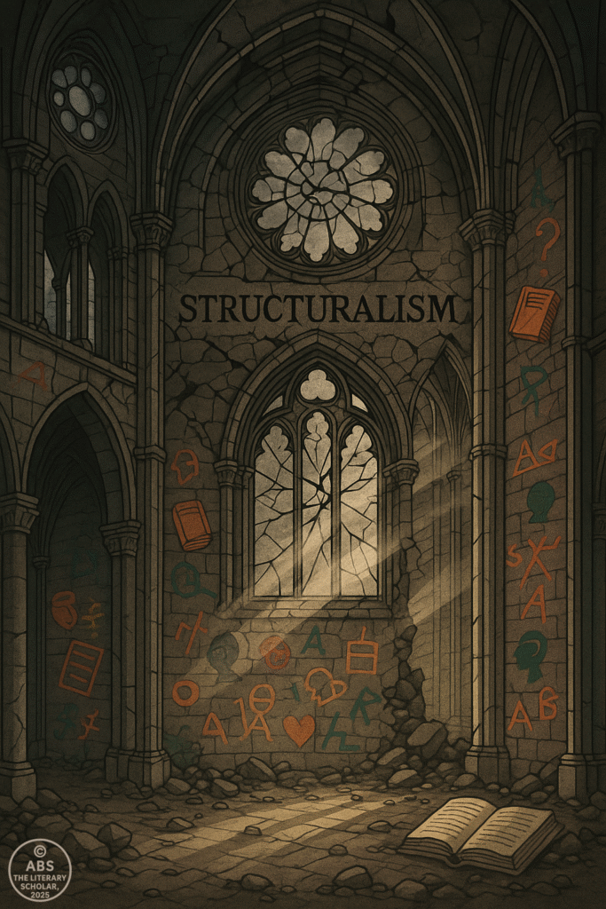 Illustration of a crumbling cathedral with symbolic cracks, books scattered, and beams of chaotic light and graffiti breaking through—representing the collapse of structuralism in literature.