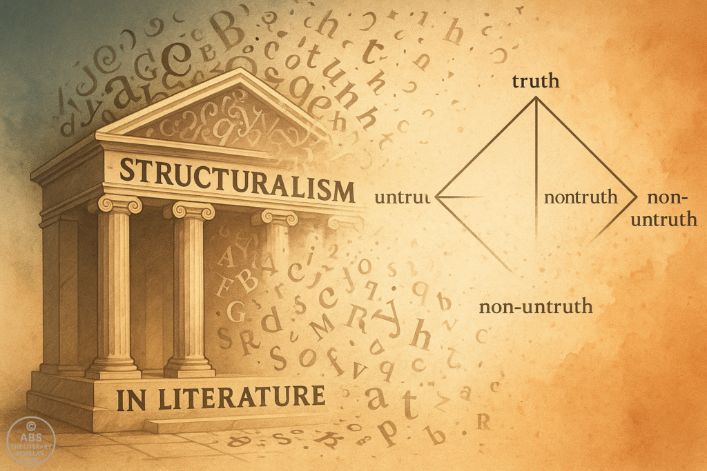 An abstract digital illustration showing a geometric structure—resembling a Greimas square—cracking apart as letters, symbols, and narrative fragments float into swirling chaos, symbolizing the collapse of structuralism in literature.