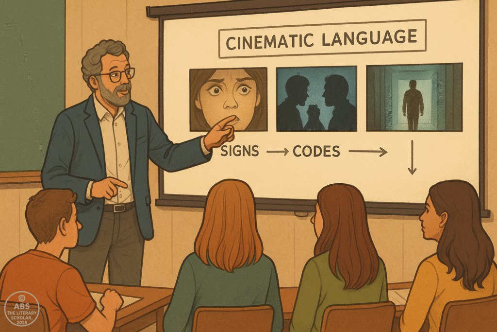 A college professor explains structuralist film theory using projected film frames and cinematic codes, while university students attentively listen and take notes—highlighting structuralism in literature through cinema.