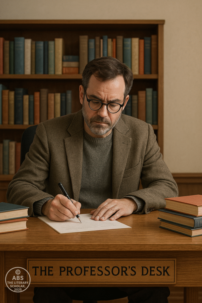A professor sitting at a desk labeled "ABS, The Professor's Desk," surrounded by books and papers, writing thoughtfully in a study space—symbolizing the beginning of poststructuralist exploration in literature.