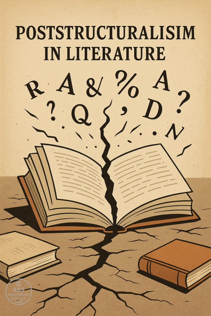 An open book split through the middle with floating letters and punctuation, symbolizing the fragmented nature of meaning in poststructuralism.