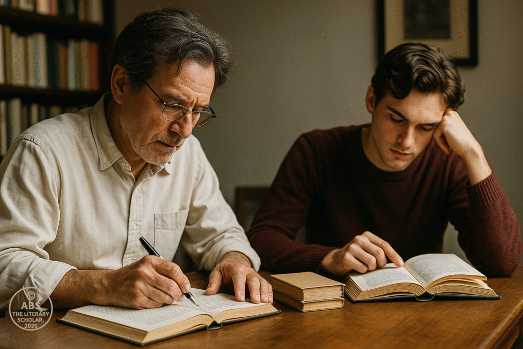 A realistic photograph of an elderly author writing at a wooden desk while a younger reader interprets the book separately in a modern room, symbolizing poststructuralist ideas of independent reading and the "death of the author."