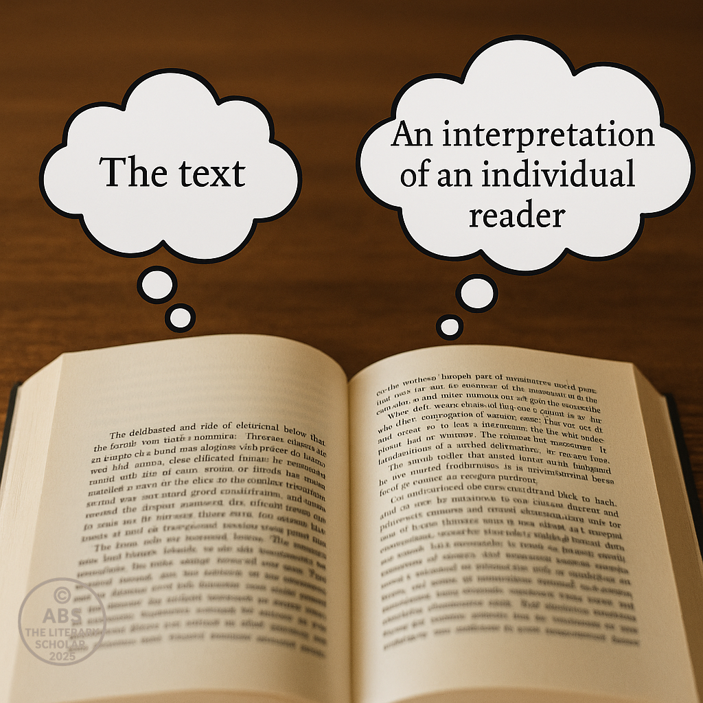 An open book with handwritten text on the left page and a thought cloud on the right, representing a reader's interpretation. The thought bubble shows a different meaning than the author’s original words, visualizing Roland Barthes’s theory of multiple readings.