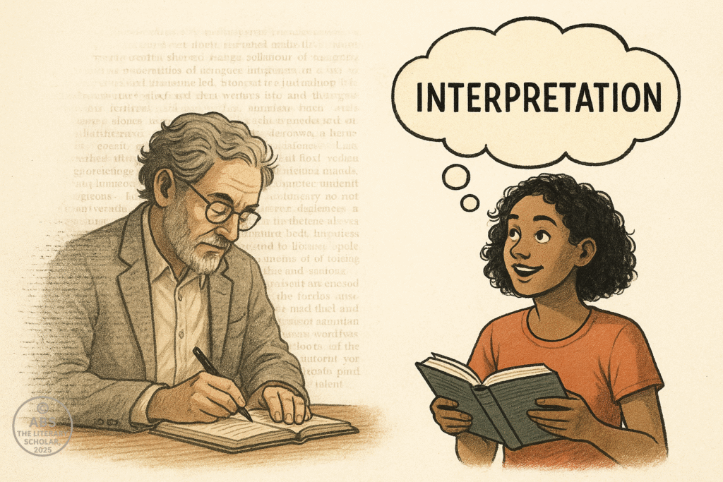 A digital illustration of a professor dissolving into words while a young reader emerges with thought bubbles, symbolizing Roland Barthes’s theory of “The Death of the Author.”
