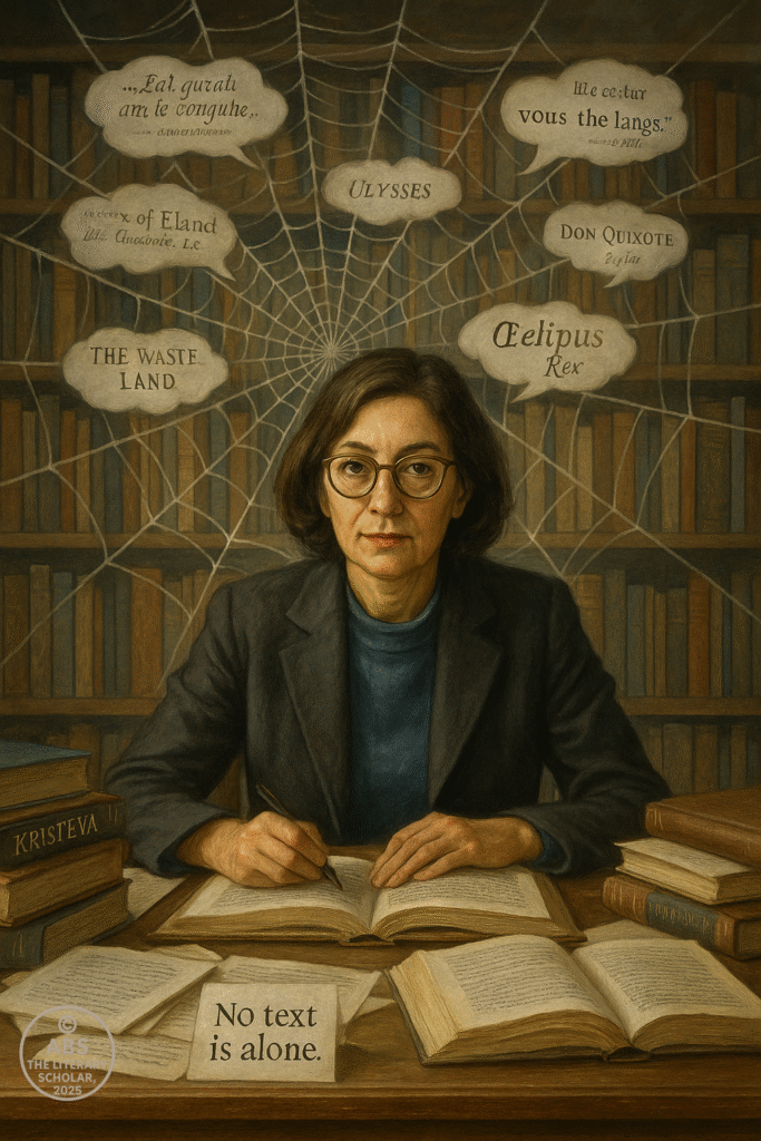 A realistic digital illustration of Julia Kristeva in a book-lined study, surrounded by open texts and a symbolic web in the background showing interlinked literary titles. Fragments of classic quotes float around her, representing intertextuality.