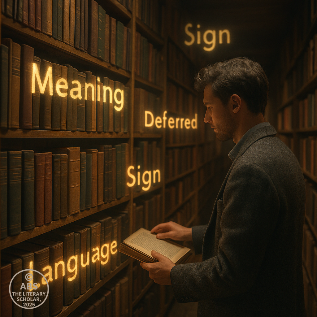 A young man in a library browses a book while colorful floating words and shifting symbols swirl around him, representing postmodernism in literature and the instability of language in the age of sliding signifiers.
