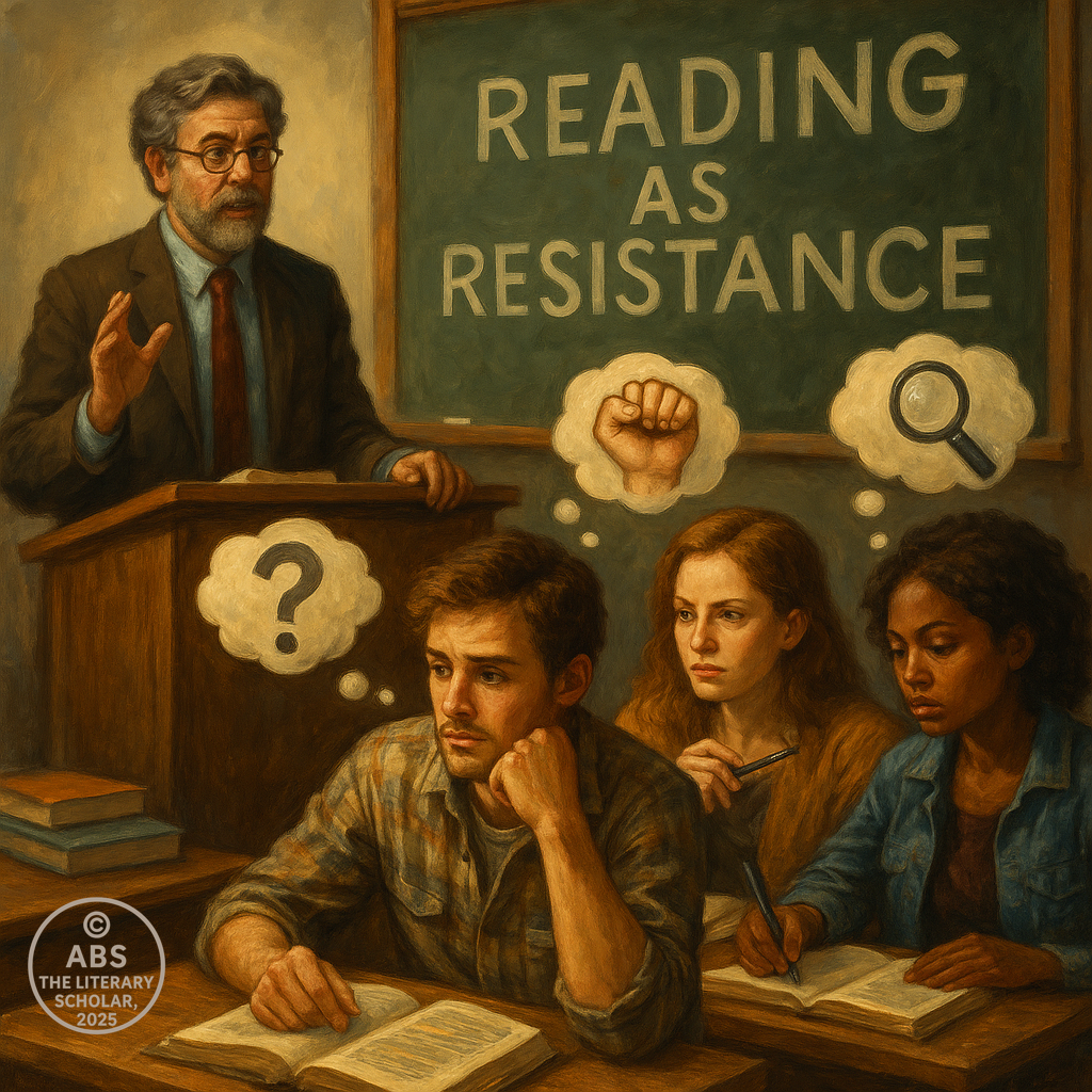 A painting-style image of a reader sitting at a wooden table surrounded by open books, marginal notes, highlighters, and scattered literary pages. The person appears engaged, rebellious, and analytical, symbolizing poststructuralist reading in postmodernism in literature.
