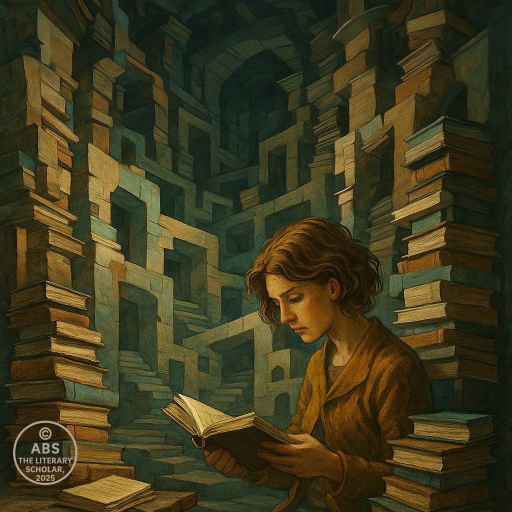 A surreal digital illustration depicting the concept of postmodernism in literature—an open book unraveling into a complex labyrinth with scattered phrases, floating quotation marks, and literary characters emerging from its pages.