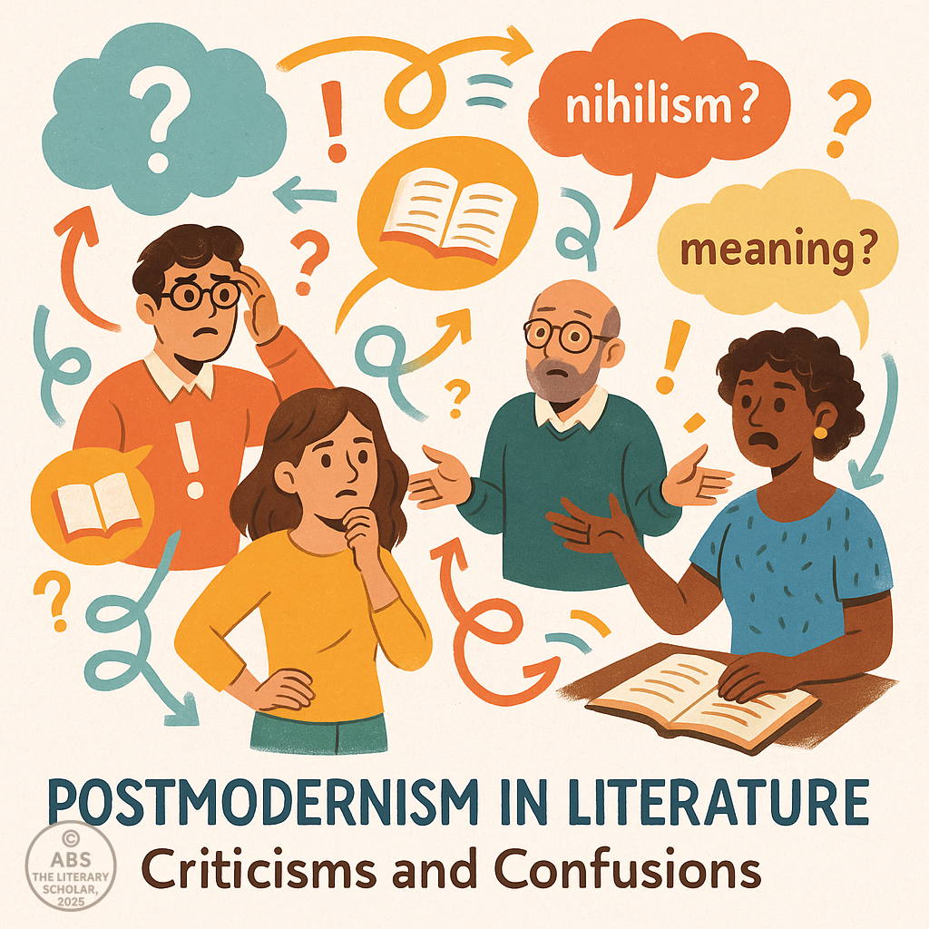 A colorful digital illustration visualizes postmodernism in literature, with fragmented symbols, overlapping texts, a shattered mirror, and layered manuscripts scattered across a surreal literary landscape.