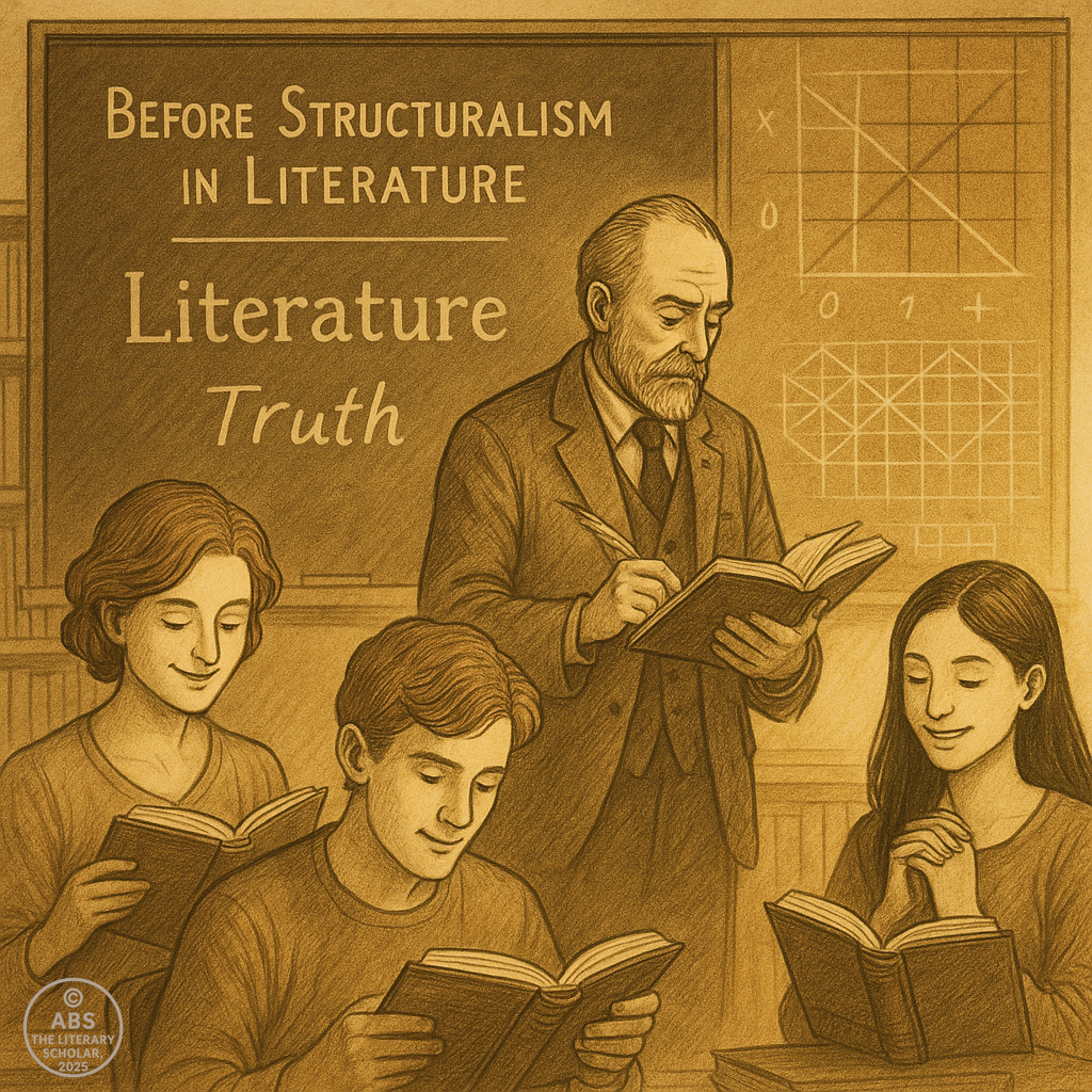 Illustration of a professor and students in a traditional literature classroom, depicting reading before the rise of structuralism in literature.
