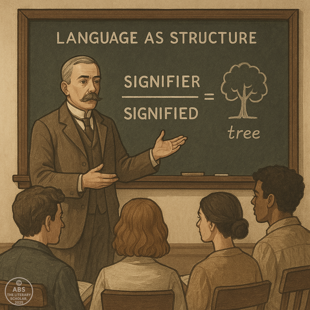 Illustration of Ferdinand de Saussure explaining the theory of signifier and signified to college students, representing the foundation of structuralism in literature.