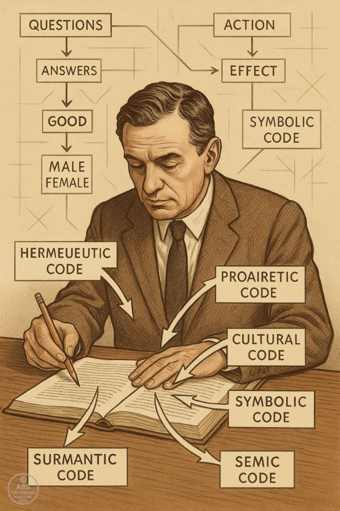 llustration of a structuralist literary critic analyzing a text with labeled narrative codes like hermeneutic, symbolic, and cultural, representing structuralism in literature.