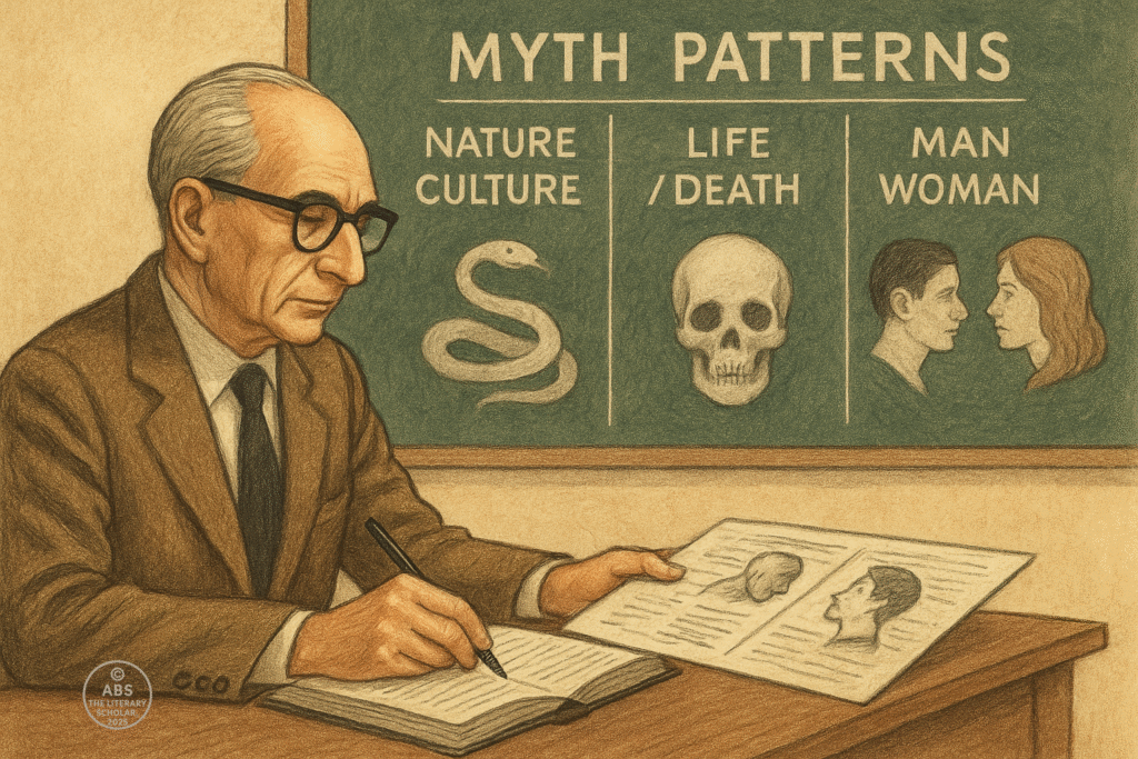 Illustration of Claude Lévi-Strauss decoding myths at a desk, with a chalkboard showing binary oppositions like Nature/Culture and Life/Death, symbolizing structuralism in literature.