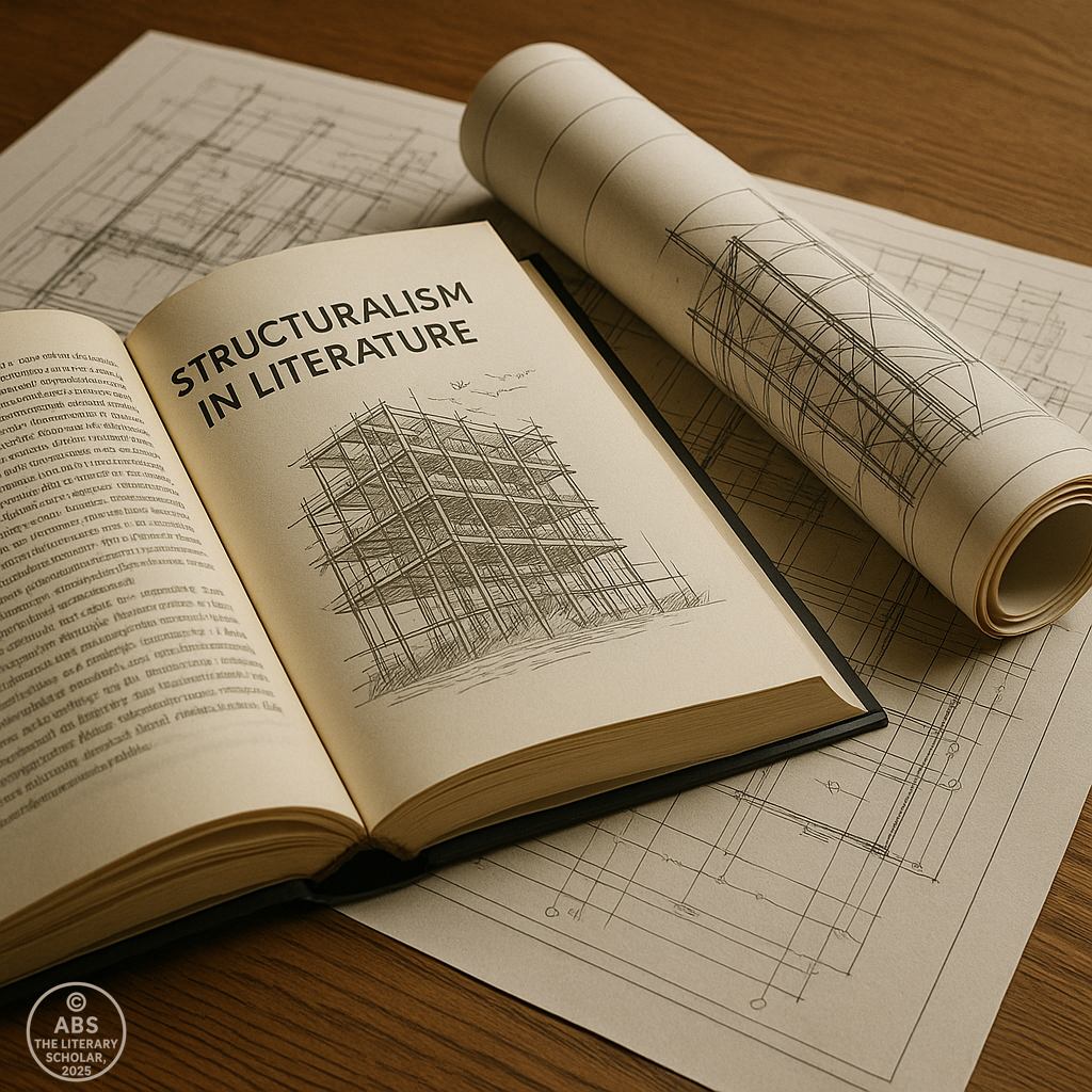 A pair of round-rimmed glasses rests casually on the pages, suggesting ongoing study. In the background, faint outlines of wall shelves lined with classic literature complete the scholarly ambiance.