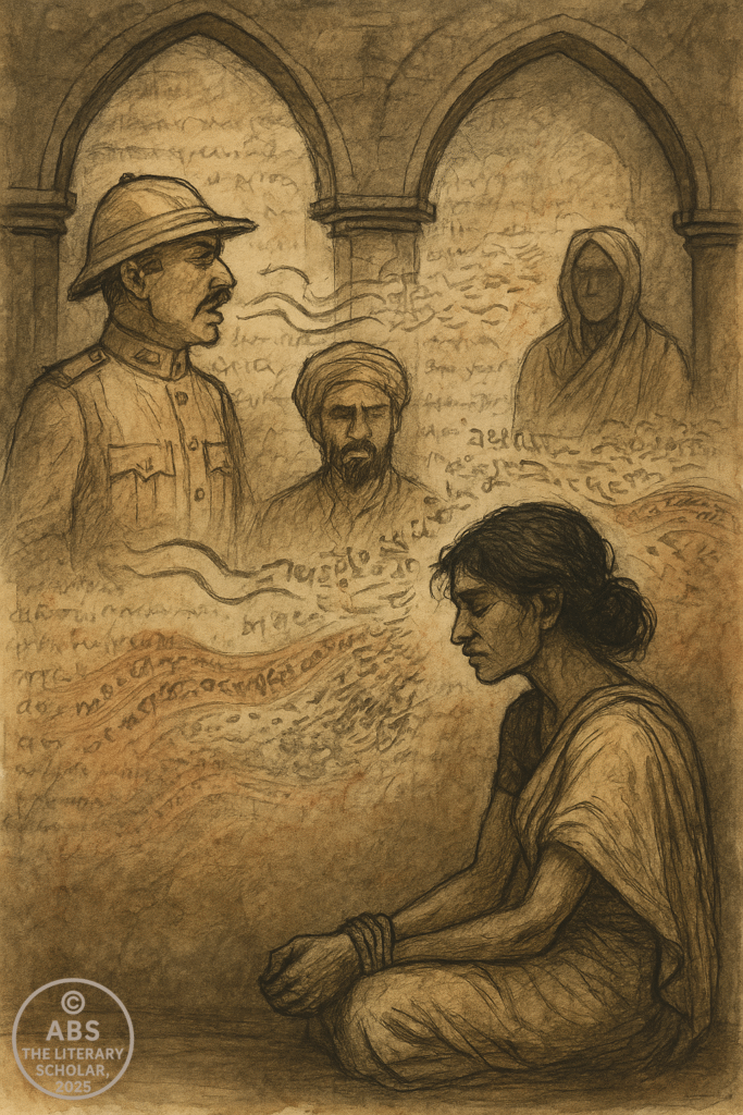 An ink and watercolor illustration of a veiled figure with a stitched mouth, standing at the edge of a crumbling podium, while ghostly speech bubbles dissolve into smoke—representing the subaltern’s suppressed voice.