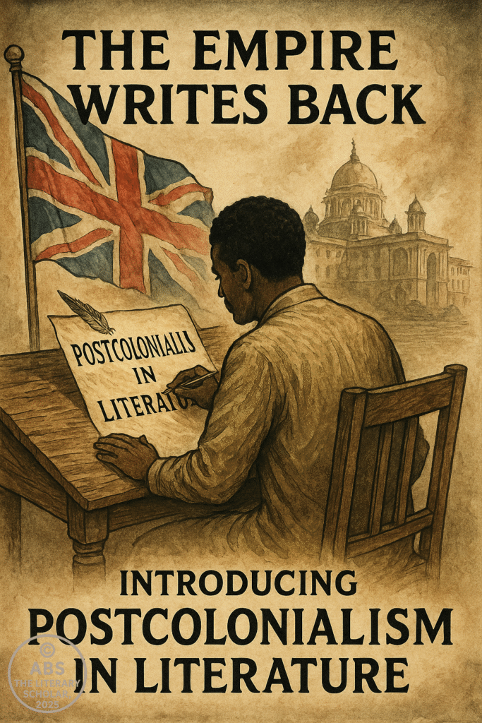A symbolic illustration of an ink-dipped quill stabbing through a British colonial map, as literary fragments fly outward—depicting the emergence of postcolonial writing.