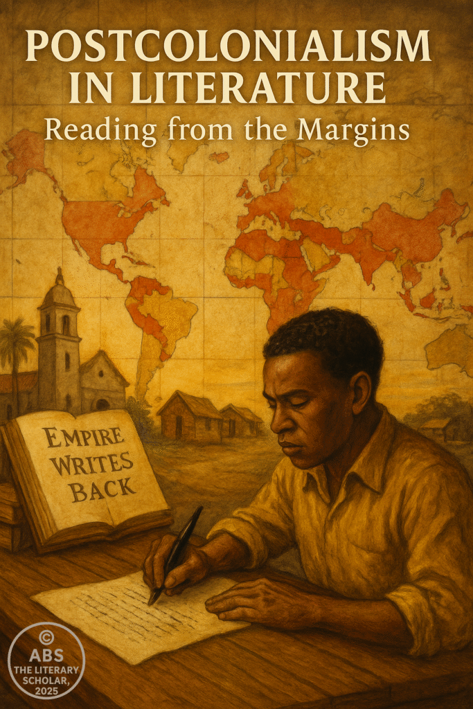 A traditional painting showing a decolonized bookshelf, with native storytellers replacing imperial busts—symbolizing postcolonial literature reclaiming space and narrative power.